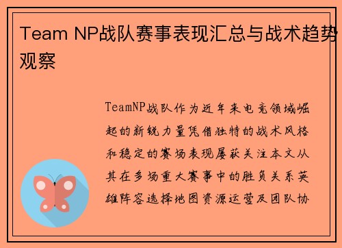 Team NP战队赛事表现汇总与战术趋势观察