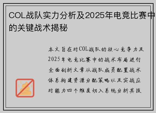 COL战队实力分析及2025年电竞比赛中的关键战术揭秘